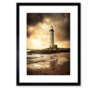 Artery8 Wall Art Print Atmospheric Lighthouse Photo Beach Sepia Photograph Atmospheric Sunset Seascape Artwork Framed 9X7 Inch