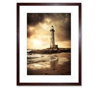 Artery8 Wall Art Print Atmospheric Lighthouse Photo Beach Sepia Photograph Atmospheric Sunset Seascape Artwork Framed 9X7 Inch | Size: W7" x H9" Artery8 Brown W7" x H9"