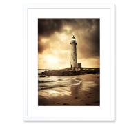 Artery8 Wall Art Print Atmospheric Lighthouse Photo Beach Sepia Photograph Atmospheric Sunset Seascape Artwork Framed 9X7 Inch | Size: W7" x H9" Artery8 White W7" x H9"