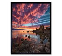 Artery8 Wall Art Print Atmospheric Sunset Clouds Over Mono Lake Lakeside Landscape Modern Watercolour Painting Art Framed in Black | Size: W12" x H16" Artery8 Black W12" x H16"