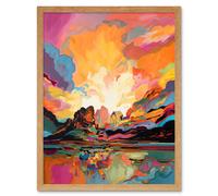 Artery8 Wall Art Print Atmospheric Sunset Clouds Vibrant Colour Lakescape Modern Watercolour Painting Art Framed in Light Oak | Size: W12" x H16" Artery8 Light Oak W12" x H16"