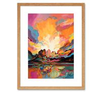 Artery8 Wall Art Print Atmospheric Sunset Clouds Vibrant Colour Lakescape Modern Watercolour Painting Artwork Framed 9X7 Inch | Size: W7" x H9" Artery8 Beige W7" x H9"