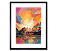 Artery8 Wall Art Print Atmospheric Sunset Clouds Vibrant Colour Lakescape Modern Watercolour Painting Artwork Framed 9X7 Inch | Size: W7" x H9" Artery8 Black W7" x H9"