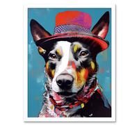 Artery8 Wall Art Print Australian Kelpie with Red Top Hat Modern Folk Art Framed in White | Size: W12" x H16" Artery8 White W12" x H16"