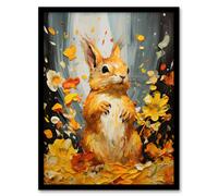 Artery8 Wall Art Print Autumn Again Red Squirrel In Amber Leaves Orange Heavy Oil Painting Art Framed in Black | Size: W12" x H16" Artery8 Black W12" x H16"