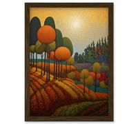 Wall Art Print Autumn Fields Pointillism Painting Amber Orange Green Countryside Landscape Artwork Framed A4 Artery8 Brown A4