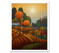 Artery8 Wall Art Print Autumn Fields Pointillism Painting Amber Orange Green Countryside Landscape Art Framed in White | Size: W12" x H16" Artery8 White W12" x H16"