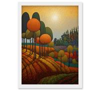 Wall Art Print Autumn Fields Pointillism Painting Amber Orange Green Countryside Landscape Artwork Framed A4 Artery8 White A4