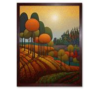 Artery8 Wall Art Print Autumn Fields Pointillism Painting Amber Orange Green Countryside Landscape Art Framed in Brown | Size: W12" x H16" Artery8 Brown W12" x H16"