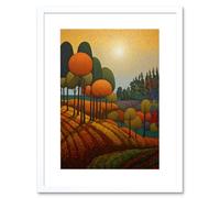 Artery8 Wall Art Print Autumn Fields Pointillism Painting Amber Orange Green Countryside Landscape Artwork Framed 9X7 Inch in White | Size: W7" x H9" Artery8 White W7" x H9"