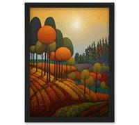 Artery8 Autumn Fields Pointillism Painting Amber Orange Green Countryside Landscape Artwork Framed Wall Art Print A4