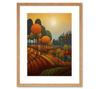 Artery8 Wall Art Print Autumn Fields Pointillism Painting Amber Orange Green Countryside Landscape Artwork Framed 9X7 Inch in Beige | Size: W7" x H9" Artery8 Beige W7" x H9"