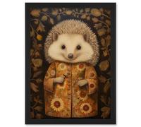 Artery8 Wall Art Print Autumn Hedgehog in Sunflower Robe Modern Artwork Framed A4 in Black Artery8 Black A4