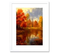 Artery8 Wall Art Print Autumn on Steroids Oil Painting Trees by Lake Photorealistic Landscape Warm Artwork Framed 9X7 Inch in White | Size: W7" x H9" Artery8 White W7" x H9"