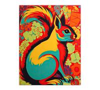 Wall Art Print Autumn Squirrel Screen Neon Red Orange Yellow Teal Abstract Vibrant Bold Bright Colourful Painting Poster Artery8 Multi W24 inch x H32 inch