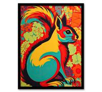 Artery8 Autumn Squirrel Screenprint Neon Red Orange Yellow Teal Abstract Vibrant Bold Bright Colourful Painting Artwork Framed Wall Art Print A4