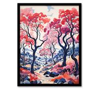 Artery8 Autumn Trees Countryside Landscape Pink and Blue Artwork Framed Wall Art Print A4