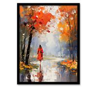 Artery8 Wall Art Print Autumn Walk Oil Painting Woman Walking Through Park Framed in Orange | Size: W12" x H16" Artery8 Orange W12" x H16"