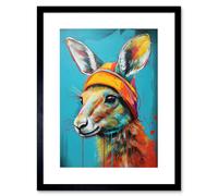Artery8 Wall Art Print Baby Kangaroo Joey Wearing Hat Teal & Orange Artwork Framed 9X7 Inch in Black | Size: W7" x H9" Artery8 Black W7" x H9"