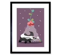 Artery8 Wall Art Print Badger With Bird Art Framed 9X7 Inch