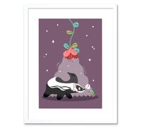Artery8 Wall Art Print Badger with Bird Art Framed 9x7 inch in White | Size: W7" x H9" Artery8 White W7" x H9"