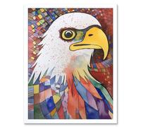 Artery8 Wall Art Print Bald Eagle Bird & Abstract Pattern Folk Art Watercolour Painting Art Framed in White | Size: W12" x H16" Artery8 White W12" x H16"