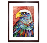 Artery8 Wall Art Print Bald Eagle Bird With Multicoloured Feathers Folk Art Watercolour Painting Artwork Framed 9X7 Inch in Brown | Size: W7" x H9" Artery8 Brown W7" x H9"