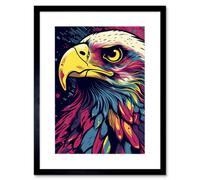 Artery8 Wall Art Print Bald Eagle Linocut Portrait Colourful Feathers Usa Symbol Modern Pop Artwork Framed 9X7 Inch