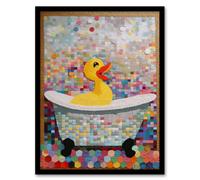 Artery8 Wall Art Print Bathtime Yellow Duck In Bathtub Colourful Artwork Bath Time Mosaic Bathroom Painting Art Framed | Size: A4 Artery8 Multicolor A4