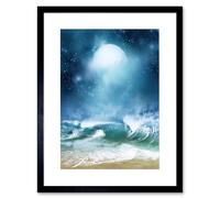 Artery8 Wall Art Print Beach & Moon Digital Collage Art Framed 9x7 inch in Black | Size: W7" x H9" Artery8 Black W7" x H9"