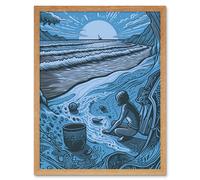 Artery8 Wall Art Print Beachcombing Coastal Landscape Blue Art Framed in Light Oak | Size: W12" x H16" Artery8 Light Oak W12" x H16"