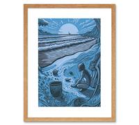 Artery8 Wall Art Print Beachcombing Coastal Landscape Blue Artwork Framed 9X7 Inch in Beige | Size: W7" x H9" Artery8 Beige W7" x H9"