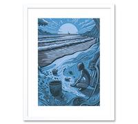 Artery8 Wall Art Print Beachcombing Coastal Landscape Blue Artwork Framed 9X7 Inch in White | Size: W7" x H9" Artery8 White W7" x H9"