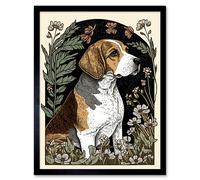 Artery8 Wall Art Print Beagle Dog with Daisies Modern Stylised Art Framed in Black | Size: W12" x H16" Artery8 Black W12" x H16"