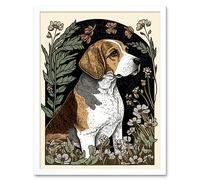 Artery8 Wall Art Print Beagle Dog with Daisies Modern Stylised Art Framed in White | Size: W12" x H16" Artery8 White W12" x H16"