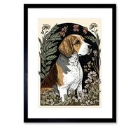 Artery8 Wall Art Print Beagle Dog With Daisies Modern Stylised Artwork Framed 9X7 Inch
