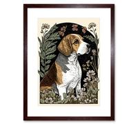 Artery8 Wall Art Print Beagle Dog with Daisies Modern Stylised Artwork Framed 9X7 Inch in Brown | Size: W7" x H9" Artery8 Brown W7" x H9"