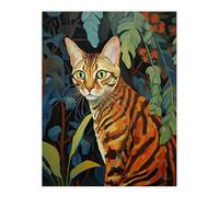 Artery8 Wall Art Print Bengal Cat Botanical Oil Painting Orange Green Blue Garden Plant Leaves Poster | Size: W12" x H16" Artery8 Multicolor W12" x H16"