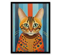 Artery8 Wall Art Print Bengal Cat Geometric Folk Art Portrait Orange Blue Oil Painting Artwork Framed | Size: A4 Artery8 Blue A4