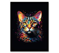 Artery8 Wall Art Print Bengal Cat Lover Gift Pet Portrait Orange Purple Blue on Black Artwork Painting Art Framed | Size: A4 Artery8 Multicolor A4