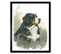 Artery8 Wall Art Print Bernese Mountain Dog in Wild Flower Field Watercolour Art Framed in Black | Size: W12" x H16" Artery8 Black W12" x H16"