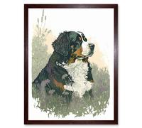 Artery8 Wall Art Print Bernese Mountain Dog in Wild Flower Field Watercolour Art Framed in Brown | Size: W12" x H16" Artery8 Brown W12" x H16"