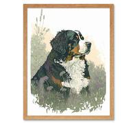 Artery8 Wall Art Print Bernese Mountain Dog in Wild Flower Field Watercolour Art Framed in Light Oak | Size: W12" x H16" Artery8 Light Oak W12" x H16"