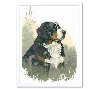 Artery8 Wall Art Print Bernese Mountain Dog in Wild Flower Field Watercolour Art Framed in White | Size: W12" x H16" Artery8 White W12" x H16"