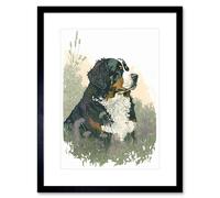 Artery8 Wall Art Print Bernese Mountain Dog in Wild Flower Field Watercolour Artwork Framed 9X7 Inch in Black | Size: W7" x H9" Artery8 Black W7" x H9"