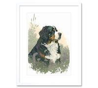 Artery8 Wall Art Print Bernese Mountain Dog in Wild Flower Field Watercolour Artwork Framed 9X7 Inch in White | Size: W7" x H9" Artery8 White W7" x H9"
