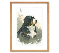 Artery8 Wall Art Print Bernese Mountain Dog in Wild Flower Field Watercolour Artwork Framed 9X7 Inch in Beige | Size: W7" x H9" Artery8 Beige W7" x H9"