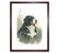 Artery8 Wall Art Print Bernese Mountain Dog in Wild Flower Field Watercolour Artwork Framed 9X7 Inch in Brown | Size: W7" x H9" Artery8 Brown W7" x H9"