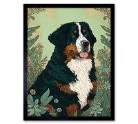 Artery8 Wall Art Print Bernese Mountain Dog in Wildflower Field Modern Art Framed in Black | Size: W12" x H16" Artery8 Black W12" x H16"
