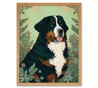 Artery8 Wall Art Print Bernese Mountain Dog in Wildflower Field Modern Art Framed in Light Oak | Size: W12" x H16" Artery8 Light Oak W12" x H16"